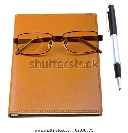 Electronic organizer with glasses and pen isolated on white background