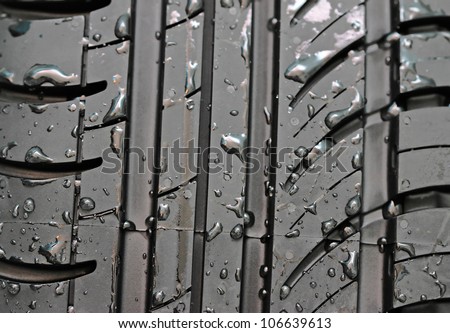 Close-up of car tire with with water drops to background
