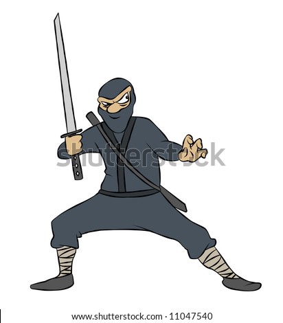 A Cartoon Ninja With Sword Drawn, Ready To Pounce. Stock Photo 11047540 ...