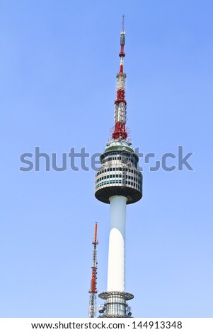 SEOUL, SOUTH KOREA - JUNE 10: N Seoul Tower with blue sky on June 10,2013 in Seoul, Korea. Built in 1969,since then, the tower has been a landmark of Seoul.