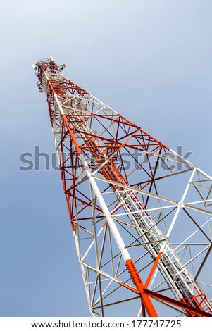 Mobile tower communication antennas with blue sky background