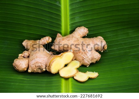 Ginger on green banana leaf