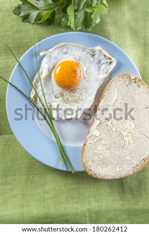 Sunny side up fried egg with bread on a blue framed plate