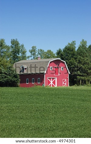 White Striped Red Barn in Midwest with Lush Soybean Field
