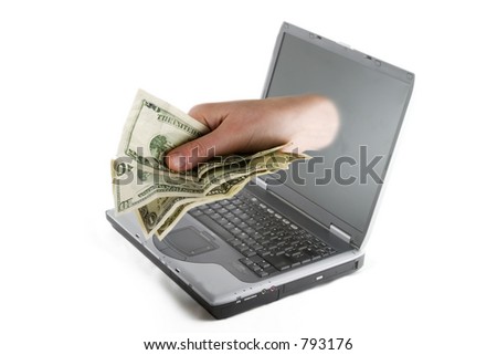 A hand coming out of a computer screen with American cash.