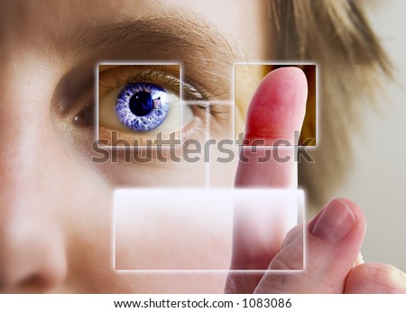 A finger print being compared to an iris scan.