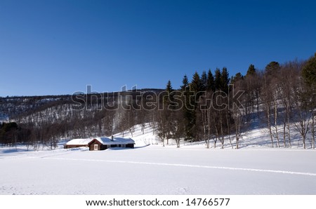 A cabin in the mountains on a winter landscape