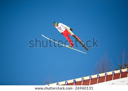 VIKERSUND, NORWAY - MARCH 15: Pavel Karelin of Russia competes in the FIS World Cup Ski Jumping Competition on March 15, 2009 in Norway.