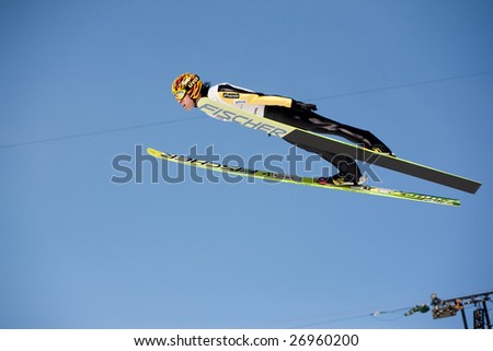 VIKERSUND, NORWAY - MARCH 15: Noriaki Kasai of Japan competes in the FIS World Cup Ski Jumping Competition on March 15, 2009 in Norway.