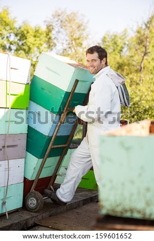 Portrait of male beekeeper smiling while stacking honeycomb crates in truck