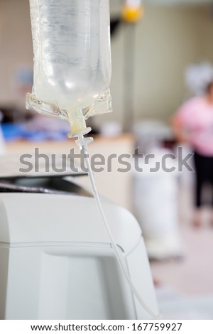 Solution bag hanging on dialysis machine in hospital