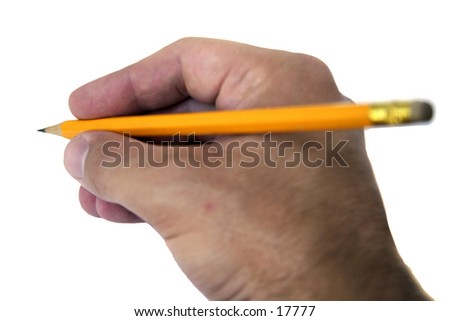 A hand holding a pencil writing isolated on white with clipping path.
