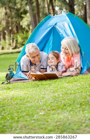 Smiling grandparents reading book for granddaughter at campsite in park