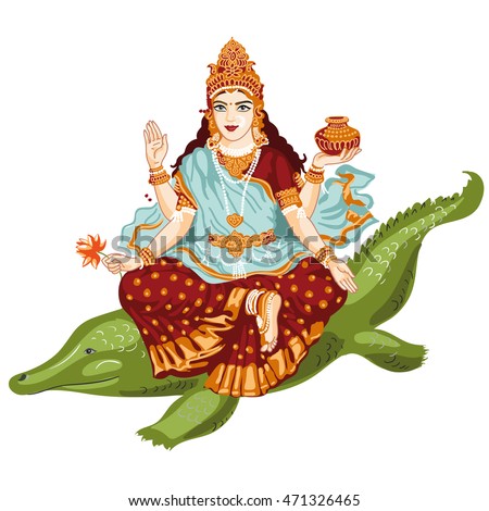 Indian Goddess Ganga Maiya in a beautiful sari with golden accessories with four hands sitting on a crocodile