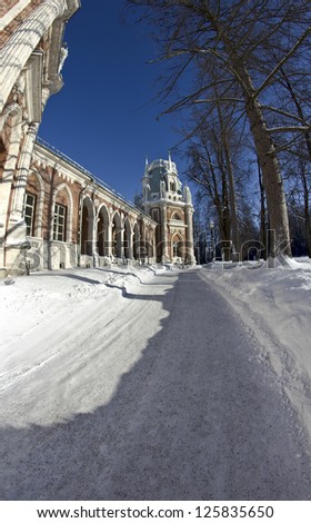Tsaritsino, historical park in Moscow, formerly the residence of empress Catherine the Great. Wall and tower of the Big Palace. Fish-eye lens