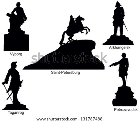 Monuments of russian emperor Peter I, set of vector silhouettes