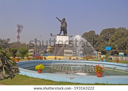 CALCUTTA, WEST BENGAL, INDIA - FEB 9, 2014 Monument of the famous Indian freedom fighter Netaji Subhash Chandra Bose in front of Netaji stadium