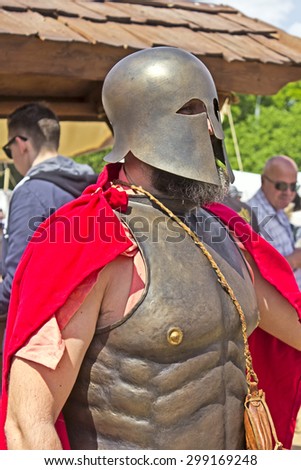 JUNE 6, 2015,  MOSCOW, RUSSIA -  Festival of the historic reconstruction Times and Ages in the park Kolomenskoye. Brutal ancient Greek warrior