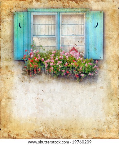 Window-box overflowing with flowers and blue shutters. Copy-space for your text.