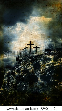 Three Crosses on Golgotha in Israel with a grunge background.