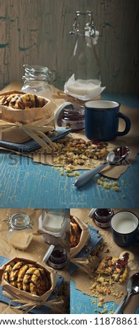 Collage of  three photos showing peanut cookies, jars with jam and condensed milk, bottle with milk on the craquelure background