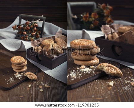 Collage of two photos showing cookies and dry roses,  made in the dark tonality
