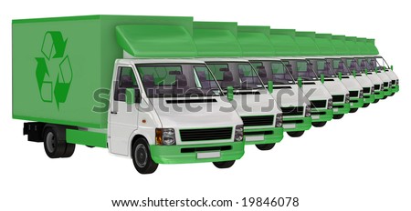 stock photo : Green Transportation. 3D Illustration of a fleet of delivery vans.