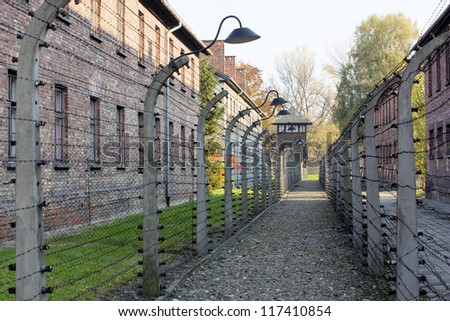 OSWIECIM, POLAND - OCTOBER 22: Electric fence in Auschwitz I, a former Nazi extermination camp on October 22, 2012 in Oswiecim. It was the biggest nazi concentration camp in Europe.