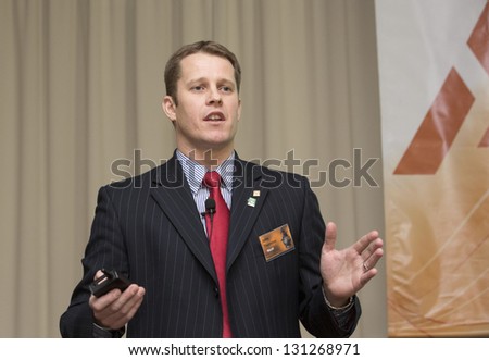 VECSES, HUNGARY - MARCH 11: John Thorton, regional director of Alltech Europe Company speaks on the conference entitled \