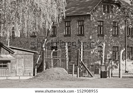 OSWIECIM, POLAND - OCTOBER 22: Entrance of Auschwitz Camp I, a former Nazi extermination camp on October 22, 2012 in Oswiecim, Poland. It was the biggest nazi concentration camp in Europe.