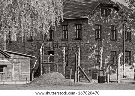 OSWIECIM, POLAND - OCTOBER 22: The entrance of Auschwitz Camp I, a former Nazi extermination camp on October 22, 2012 in Oswiecim, Poland. It was the biggest nazi concentration camp in Europe.