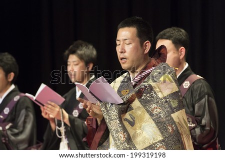 BUDAPEST, HUNGARY - MAY 28: Japanese monks present the religious music of ancient Japan on May 28, 2014 in Budapest, Hungary.