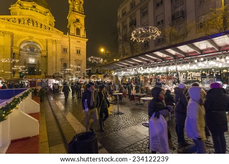 BUDAPEST, HUNGARY - NOVEMBER 28: Unidentified people visit the annual Christmas Fair on Vorosmarty square on 28 November, 2014 in Budapest, Hungary. The fair is the second largest in Central Europe.