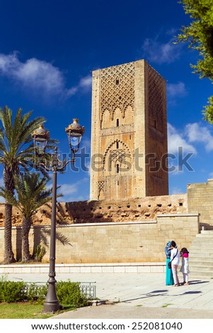 RABAT, MOROCCO - JULY 24 :People visit the Hassan Tower and Mausoleum of Mohammed V. Mausoleum contains tombs of late King Hassan II and Prince Abdallah. On July 24, 2014 in Rabat, Morocco