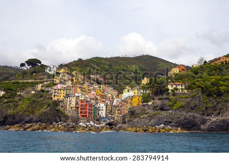 RIO MAGGIORE, ITALY - MAY 5, 2015: View of the valley from the sea The village is the first of the Cinque Terre one meets when travelling north from La Spezia, dating from the early thirteenth century