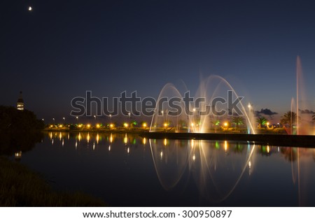 BATUMI, GEORGIA - JULY 20, 2015: The Dancing fountain, late night show in Batumi. With a population of 190,000 Batumi serves as an important port and a commercial center.