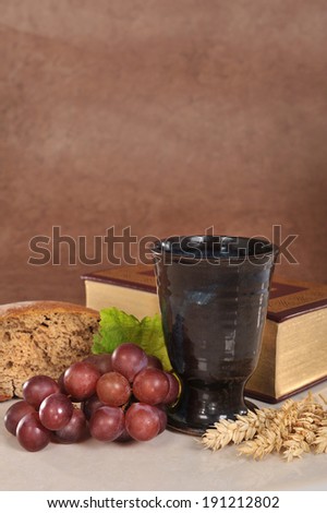 Bread, wine and bible for sacrament or communion