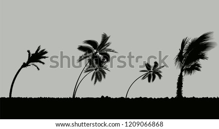 Palm trees during storm and hurricane. Leaves fly across the sky from a storm. Vector Illustration. EPS10