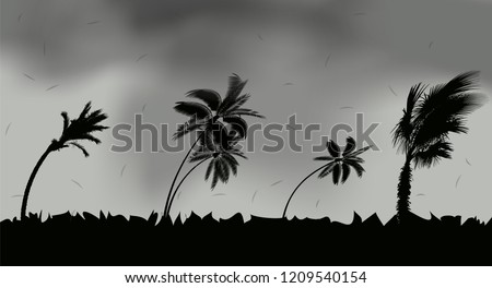 Palm trees during storm and hurricane. Leaves fly across the sky from a storm. Vector Illustration. EPS10