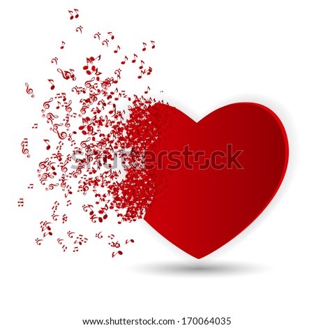 Happy Valentines Day Card  with Heart, Music Notes. Vector Illustration