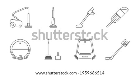 Floor cleaning set - broom, scoop, robot vacuum cleaner. Black and white icon. Vector Illustration. EPS10