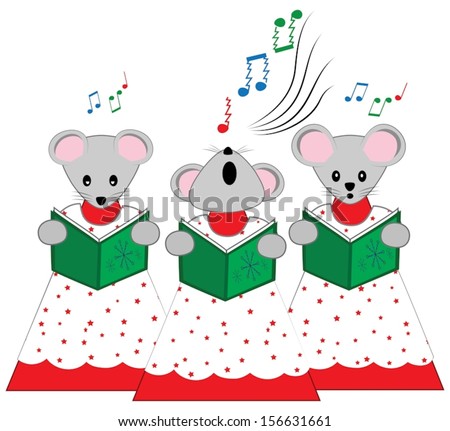 A vector illustration of three mice dressed in choir gowns, holding song books, singing Christmas carols.  One mouse appears to be singing too loudly and off key, while the other two seem embarrassed.