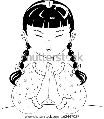 A vector line drawing of a young girl with pigtails, with her hands together, saying her prayers before she goes to bed.