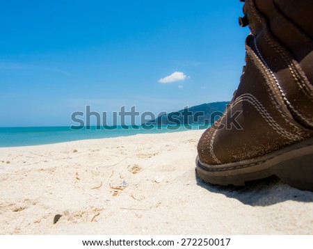 Leather shoes sneaker on beach in Thailand  Welcome to summer  Season in thailand ,Concept  Vacation,Holiday,Tourism,Relax,Travel
