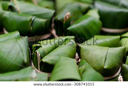 soft focus and selective focus Boiled sweets wrapped in banana leaf Thai