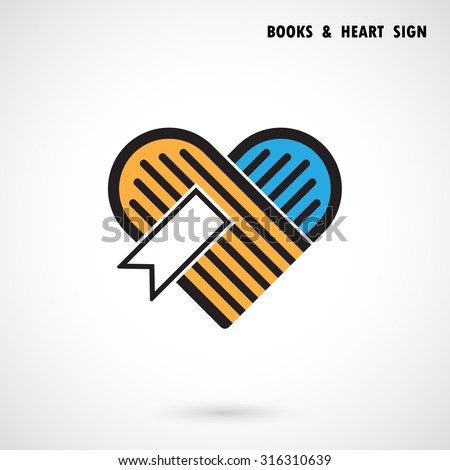 Creative book and heart abstract vector logo design.Book Store,library logo design.Learning,study idea icon.Love Books Heart symbol.Education or business creative logotype concept. Vector illustration