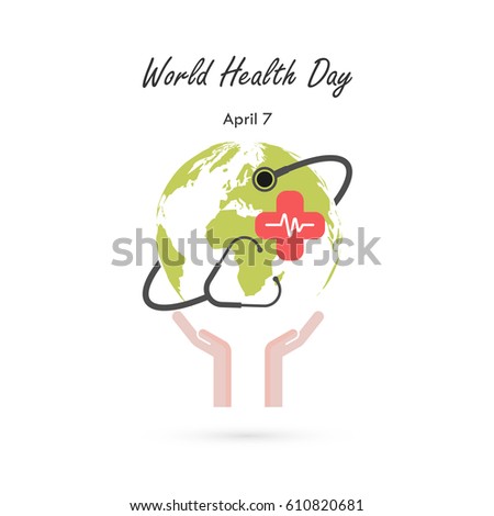 Globe sign,human hand and stethoscope vector logo design template.World Health Day icon.World Health Day idea campaign concept for greeting card and poster.Vector illustration