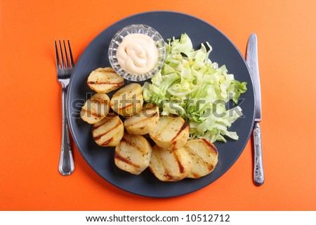 Roasted potatoes slices with chopped salad and sauce