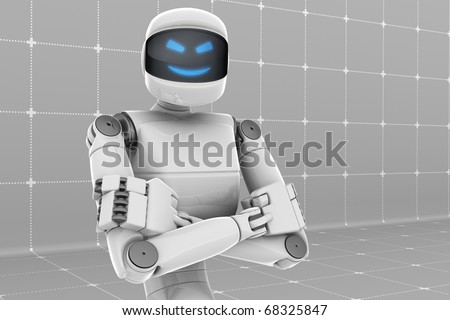 White futuristic robot, crossed arms, scary smiling face