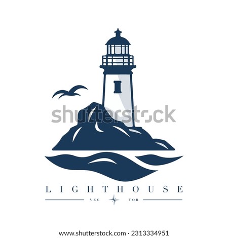 Lighthouse in the ocean on the small rocky island vector logo emblem. Lighthouse tower mascot.